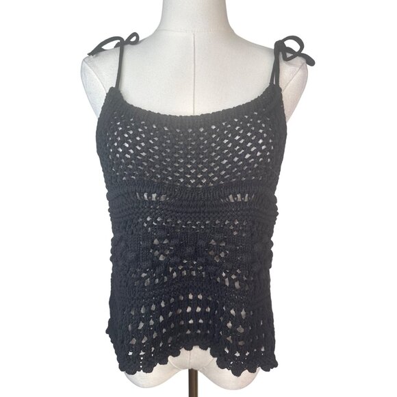 Zara Tops - ZARA Black Small Crochet Knit Cotton Tank Top With Adjustable Tie Straps